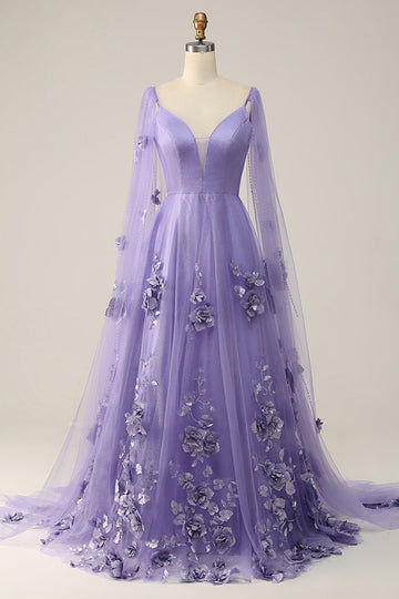 Lilac Watteau Train Ball Dress With 3D Flowers